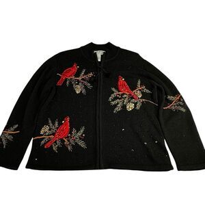 Vtg  Heirloom Collectibles Medium Cardigan Black Sweater Cardinal Beaded Holiday
